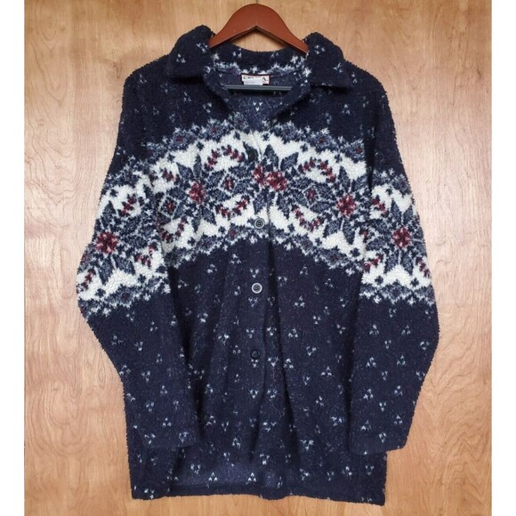 Vintage Cenza by Palmettos Fair Isle Fleece Shirt L Blue Button Sherpa Jacket - Picture 2 of 16